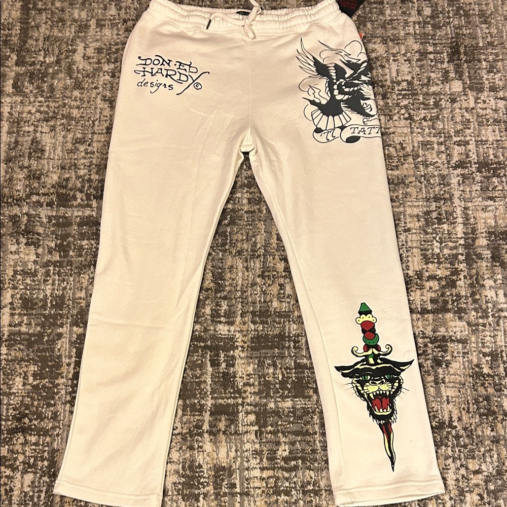 New Ed Hardy Men's White Joggers with Tattoo Design